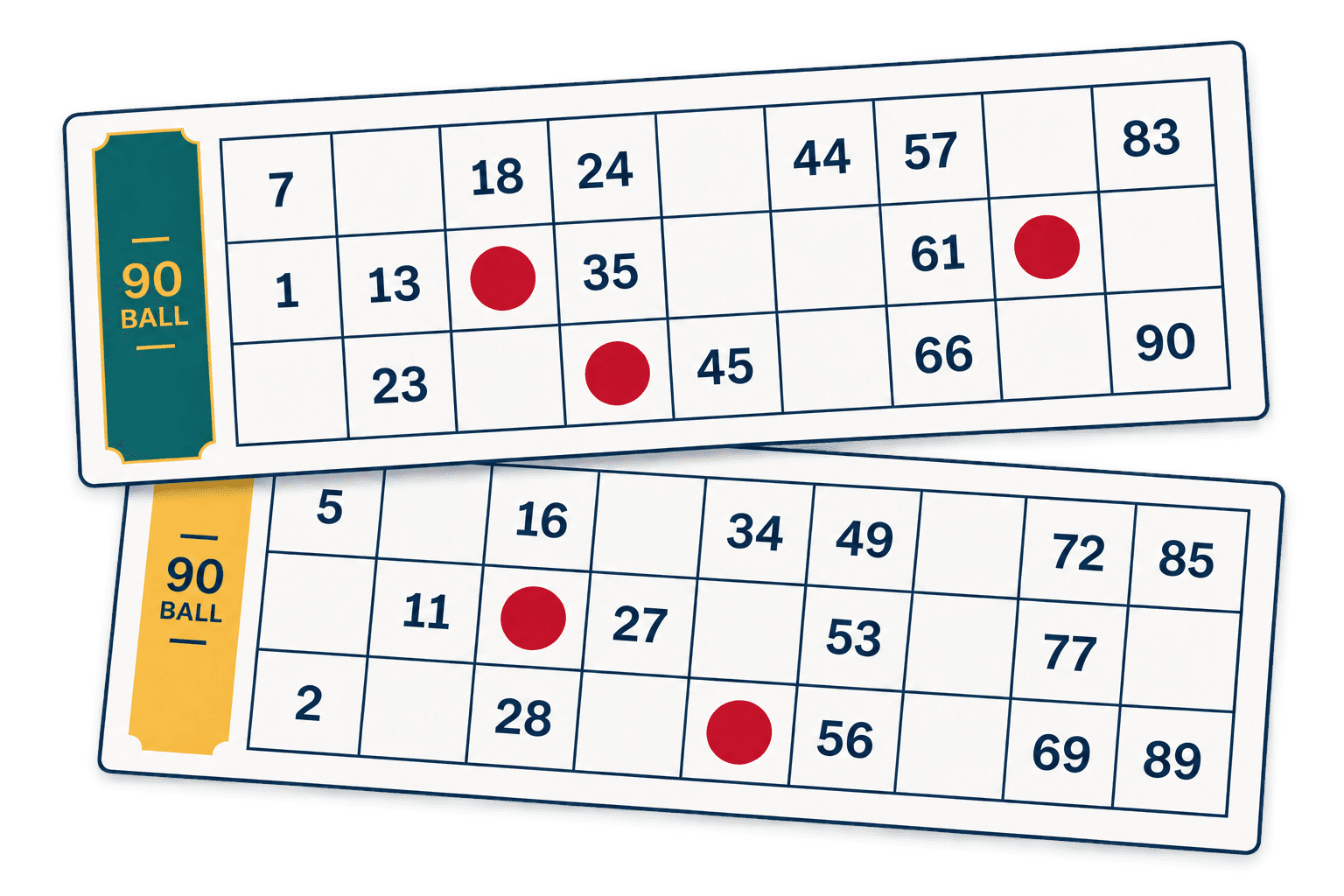 Two overlapping 90-ball bingo tickets